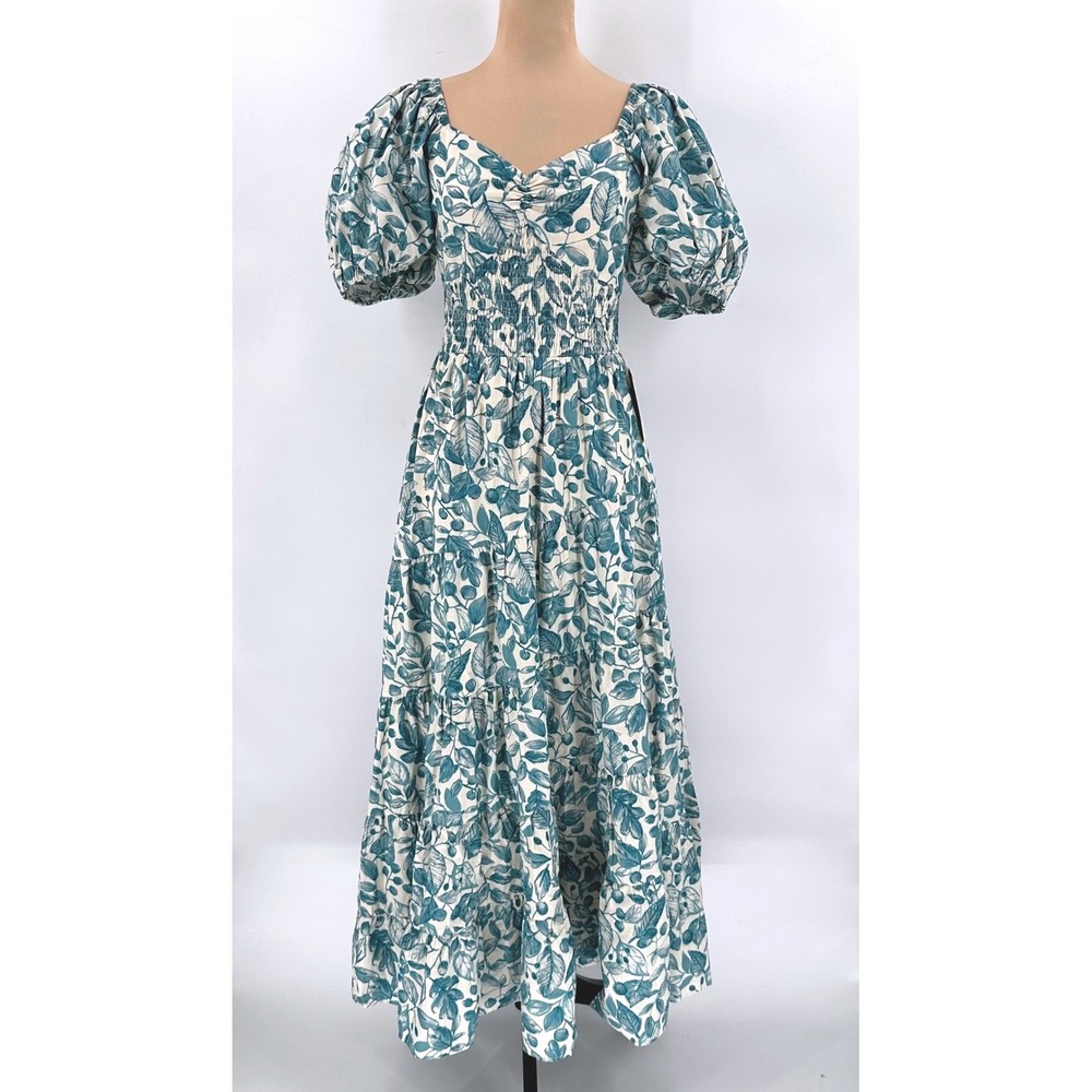 Bohme Blue Teal White Leaf Print Smocked Tiered Maxi Dress Puff Sleeve S NEW